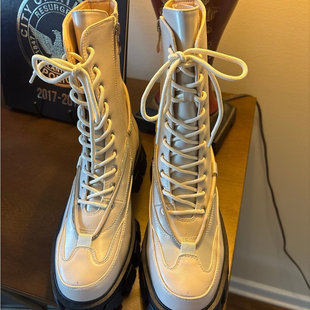 Cream Lace Up Boots with Tall Ankle Height
